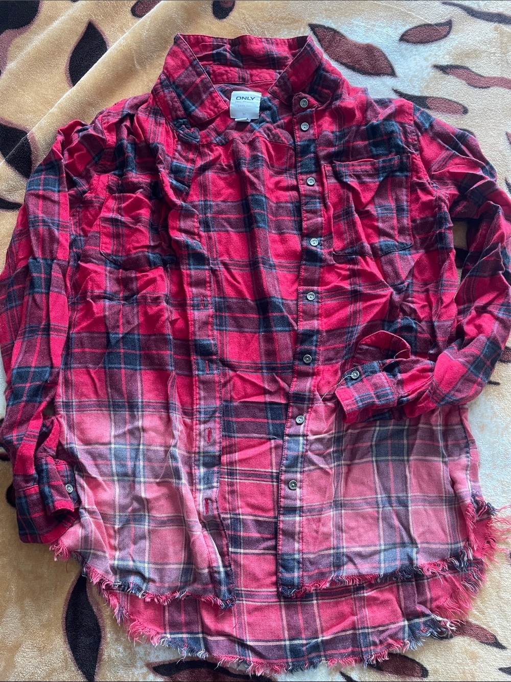 ONLY Red and Black Plaid Button-Up Shirt